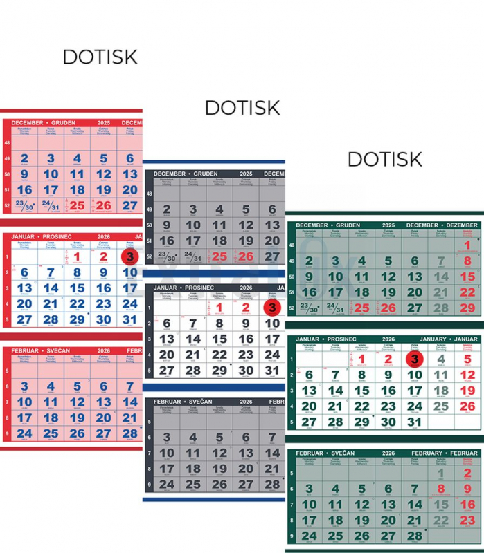KOLEDAR TRIDELNI LEPLJEN PERFORIRAN 2026