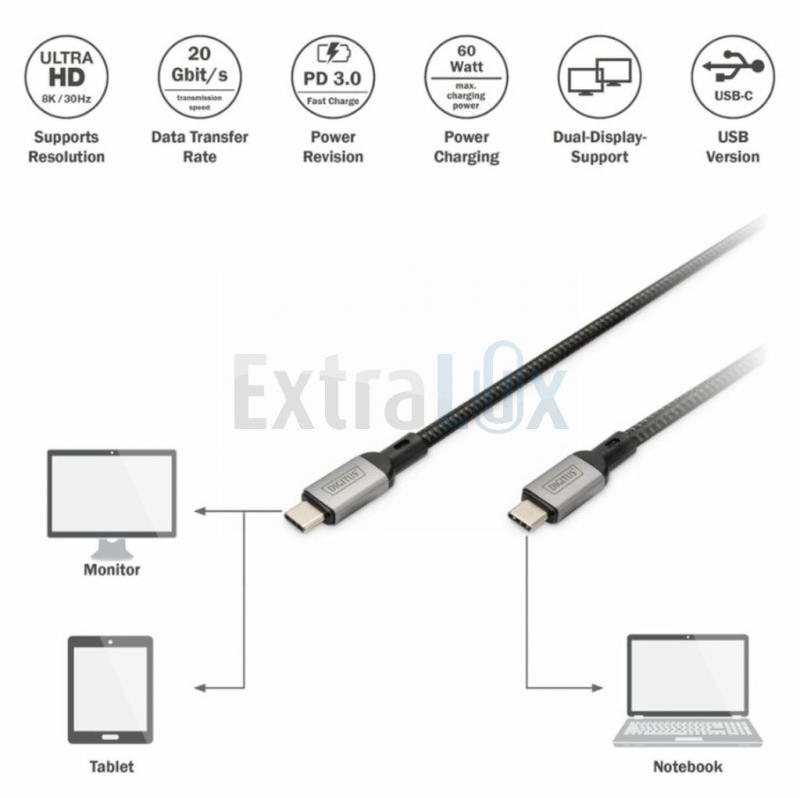 KABEL USB 4,0 C-C 1M ČRN DIGITUS, 8K 60Hz 100W 3M, DB-300443-030-S ČRN (8519399)