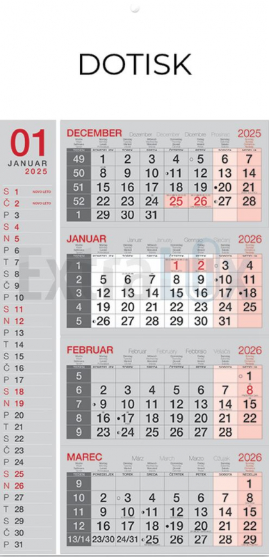 KOLEDAR ŠTIRIDELNI POSLOVNI LEPLJEN 201241 2026