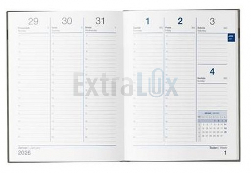 POSLOVNIK TEDENSKI Z DATUMI 2026 MODER (letnica v pasici)