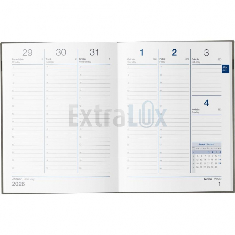 POSLOVNIK TEDENSKI Z DATUMI 2026 SIV (letnica v zgornjem desnem kotu)