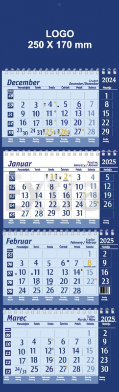 KOLEDAR ŠTIRIDELNI STENSKI S ŠPIRALO 2026