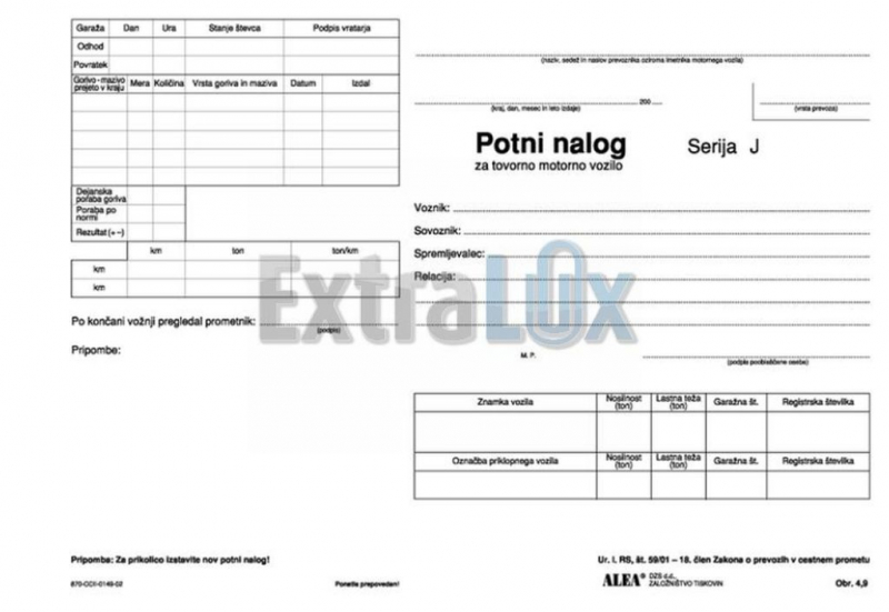 OBRAZEC 4,9  POTNI NALOG ZA TOVORNO MOTORNO VOZILO NEKOPIRNI DZS