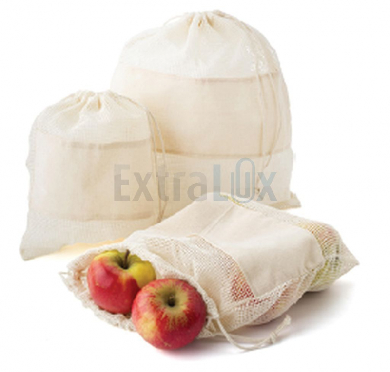 SET TREH VREČK ZA VEČKRATNO UPORABO IZ BOMBAŽNE MREŽASTE TKANINE