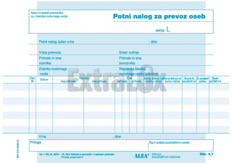 OBRAZEC 4,7 POTNI NALOG ZA PREVOZ OSEB A5 KOPIRNI