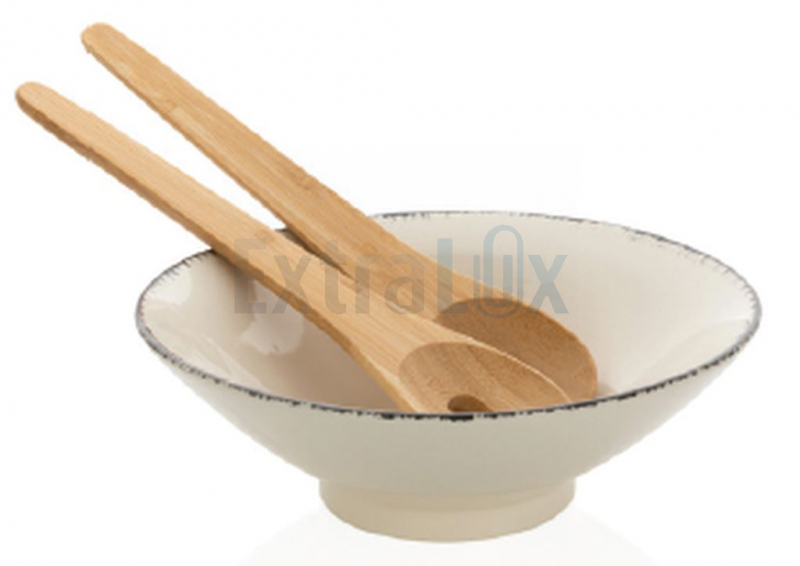 SKLEDA KERAMIČNA ZA SOLATO S PRIBOROM IZ BAMBUSA