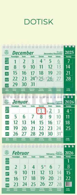 KOLEDAR TRIDELNI ŠPIRALNI EKO ZELEN 2026