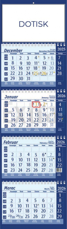 KOLEDAR ŠTIRIDELNI STENSKI S ŠPIRALO 2026