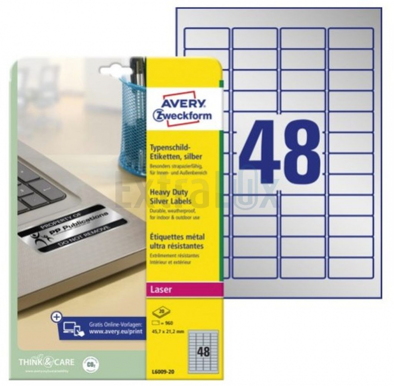 ETIKETE AVERY ZWECKFORM L6009 45,7X21,2 POLIESTER SREBRNE 20/1