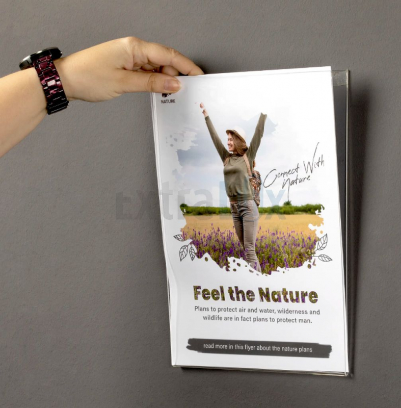 STOJALO STENSKO INFO POKONČNO A5 BASIC PLEKSI SAMOLEPILNO + 2X PENASTI TRAK, BREZ LUKENJ