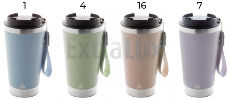 TERMO LONČEK Z DVOJNO STENO, S TRAKOM ZA PRENAŠANJE, IZ RECIKLI. NERJAVEČ. JEKLA