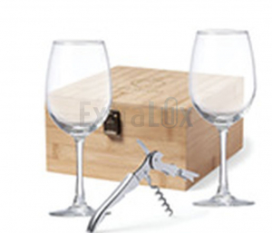 SET 2 KOZARCEV ZA VINO 350 ML, ODPIRAČ IZ NERJAVEČEGA JEKLA, REZALNIK KAPSUL V LESENI ŠKATLI