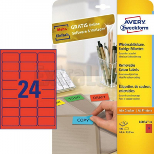 ETIKETE AVERY ZWECKFORM L6034 63,5X33,9 RDEČE ODSTRANLJIVE 1/20